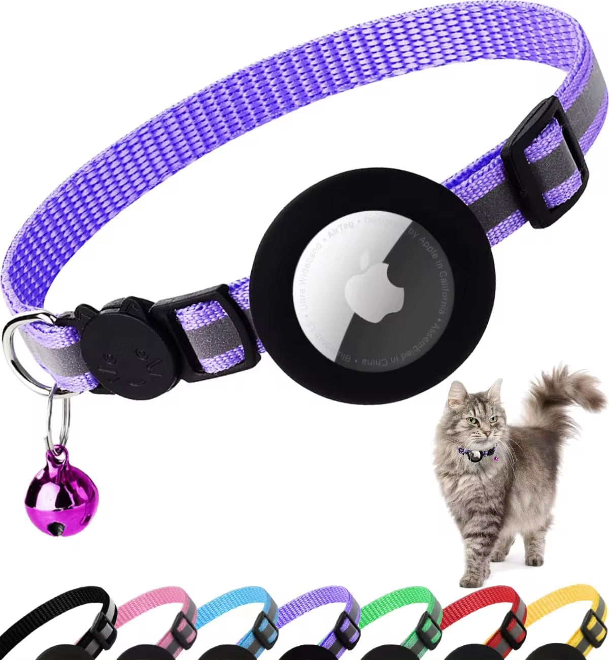 Airtag Cat Collar Breakaway, Reflective Kitten Collar with Apple Air Tag Holder and Bell for Girl Boy Cats, 0.4 Inches